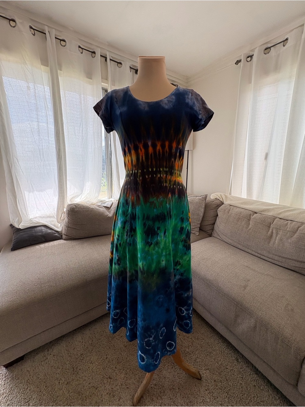 Tie-Dye Cap Sleeve very thick cotton Maxi Dress in Blue, Green & Orange